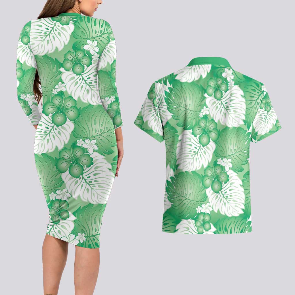 Green Aloha Hawaii Couples Matching Long Sleeve Bodycon Dress and Hawaiian Shirt Monstera Hibiscus Plumeria Seamless Vibes - Polynesian Pride