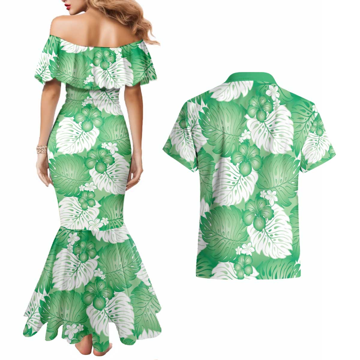 Green Aloha Hawaii Couples Matching Mermaid Dress and Hawaiian Shirt Monstera Hibiscus Plumeria Seamless Vibes - Polynesian Pride