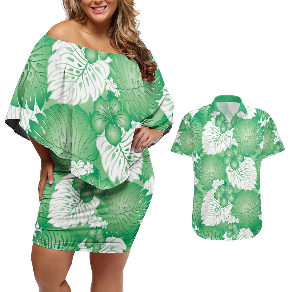 Green Aloha Hawaii Couples Matching Off Shoulder Short Dress and Hawaiian Shirt Monstera Hibiscus Plumeria Seamless Vibes - Polynesian Pride