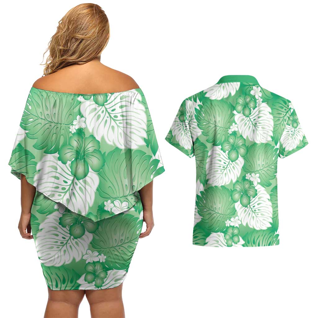 Green Aloha Hawaii Couples Matching Off Shoulder Short Dress and Hawaiian Shirt Monstera Hibiscus Plumeria Seamless Vibes - Polynesian Pride