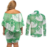 Green Aloha Hawaii Couples Matching Off Shoulder Short Dress and Long Sleeve Button Shirt Monstera Hibiscus Plumeria Seamless Vibes - Polynesian Pride