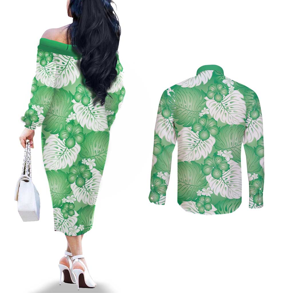 Green Aloha Hawaii Couples Matching Off The Shoulder Long Sleeve Dress and Long Sleeve Button Shirt Monstera Hibiscus Plumeria Seamless Vibes - Polynesian Pride