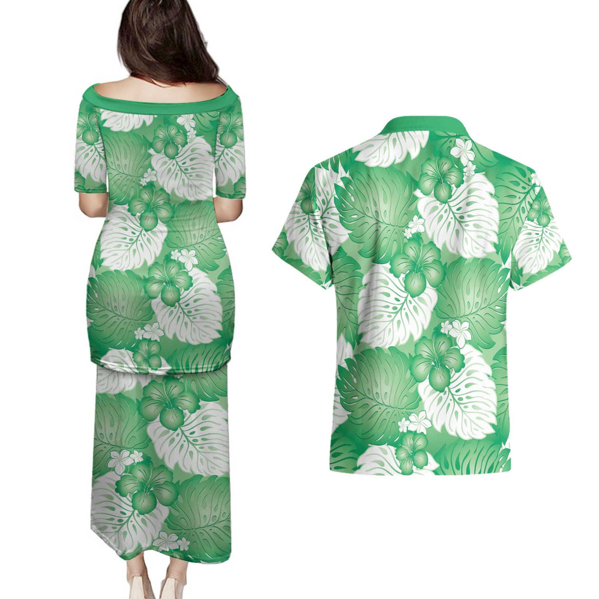Green Aloha Hawaii Couples Matching Puletasi and Hawaiian Shirt Monstera Hibiscus Plumeria Seamless Vibes - Polynesian Pride
