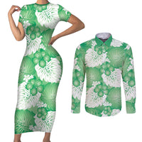 Green Aloha Hawaii Couples Matching Short Sleeve Bodycon Dress and Long Sleeve Button Shirt Monstera Hibiscus Plumeria Seamless Vibes - Polynesian Pride