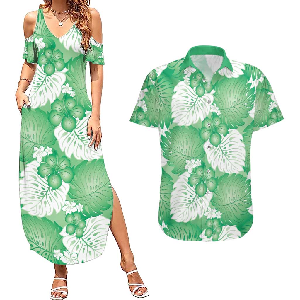 Green Aloha Hawaii Couples Matching Summer Maxi Dress and Hawaiian Shirt Monstera Hibiscus Plumeria Seamless Vibes - Polynesian Pride