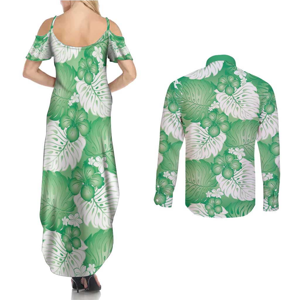 Green Aloha Hawaii Couples Matching Summer Maxi Dress and Long Sleeve Button Shirt Monstera Hibiscus Plumeria Seamless Vibes - Polynesian Pride