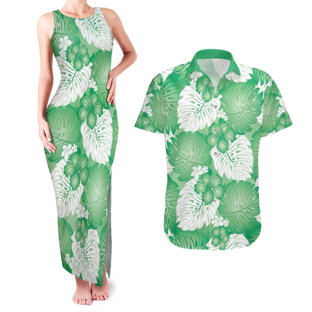 Green Aloha Hawaii Couples Matching Tank Maxi Dress and Hawaiian Shirt Monstera Hibiscus Plumeria Seamless Vibes - Polynesian Pride