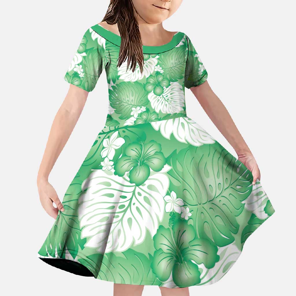 Green Aloha Hawaii Family Matching Long Sleeve Bodycon Dress and Hawaiian Shirt Monstera Hibiscus Plumeria Seamless Vibes LT14 Daughter's Dress Green - Polynesian Pride