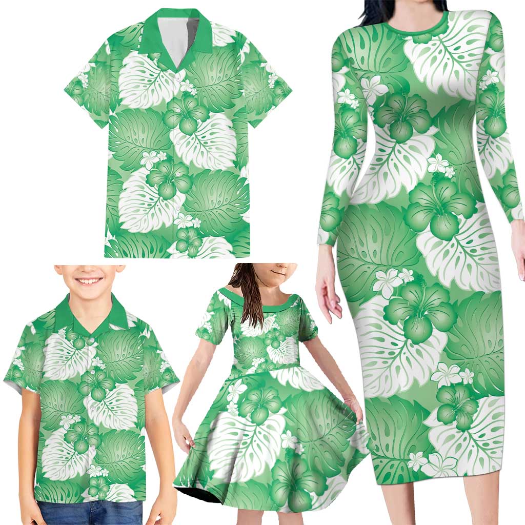 Green Aloha Hawaii Family Matching Long Sleeve Bodycon Dress and Hawaiian Shirt Monstera Hibiscus Plumeria Seamless Vibes LT14 - Polynesian Pride