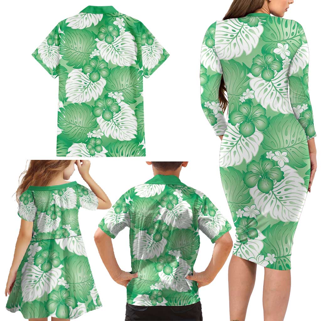 Green Aloha Hawaii Family Matching Long Sleeve Bodycon Dress and Hawaiian Shirt Monstera Hibiscus Plumeria Seamless Vibes LT14 - Polynesian Pride