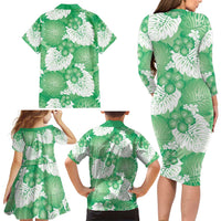 Green Aloha Hawaii Family Matching Long Sleeve Bodycon Dress and Hawaiian Shirt Monstera Hibiscus Plumeria Seamless Vibes LT14 - Polynesian Pride