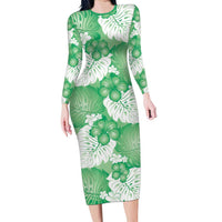 Green Aloha Hawaii Family Matching Long Sleeve Bodycon Dress and Hawaiian Shirt Monstera Hibiscus Plumeria Seamless Vibes LT14 Mom's Dress Green - Polynesian Pride