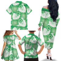 Green Aloha Hawaii Family Matching Off The Shoulder Long Sleeve Dress and Hawaiian Shirt Monstera Hibiscus Plumeria Seamless Vibes - Polynesian Pride