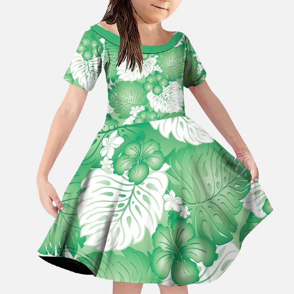 Green Aloha Hawaii Family Matching Off Shoulder Maxi Dress and Hawaiian Shirt Monstera Hibiscus Plumeria Seamless Vibes LT14 Daughter's Dress Green - Polynesian Pride