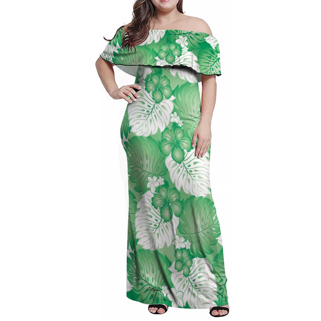 Green Aloha Hawaii Family Matching Off Shoulder Maxi Dress and Hawaiian Shirt Monstera Hibiscus Plumeria Seamless Vibes LT14 Mom's Dress Green - Polynesian Pride