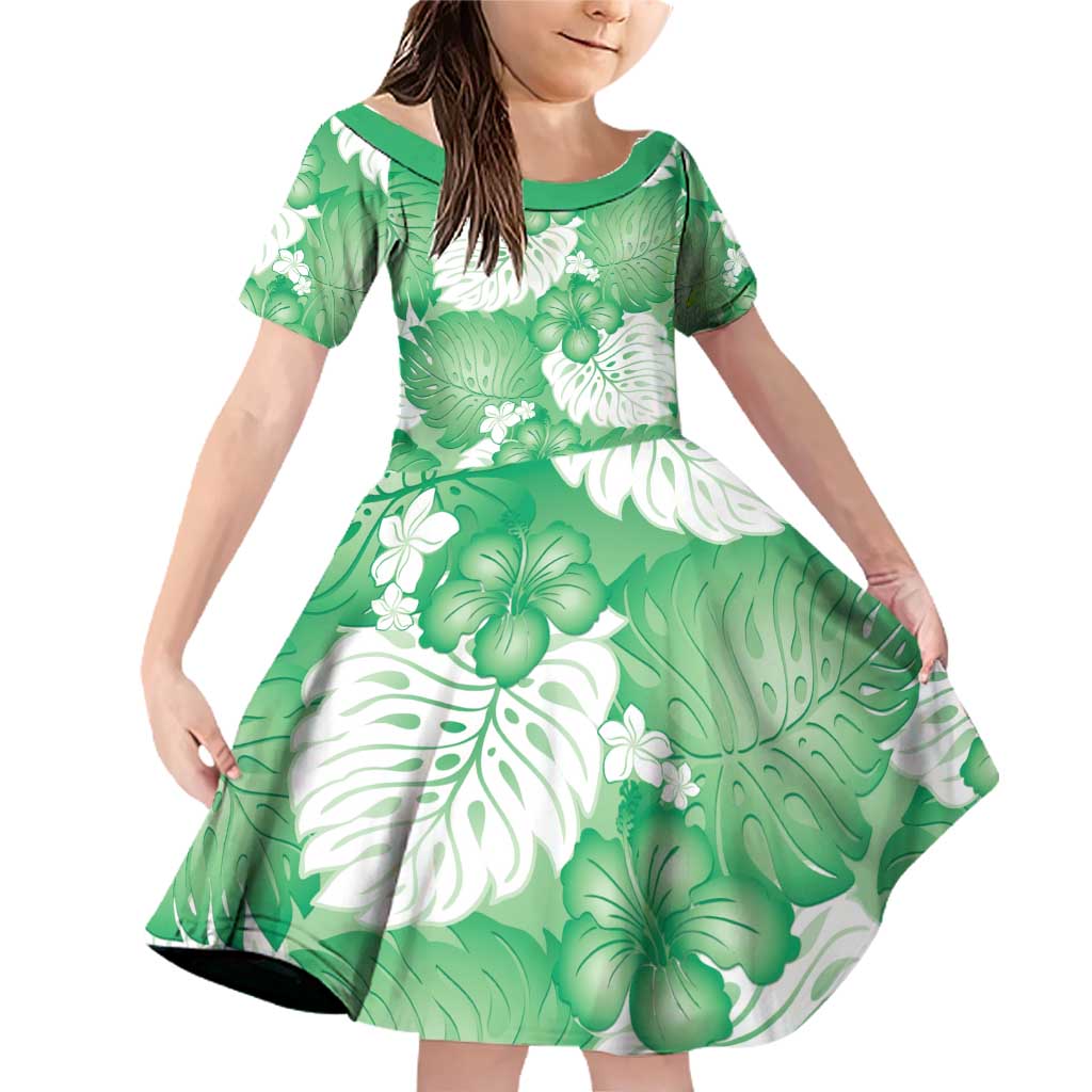 Green Aloha Hawaii Family Matching Off Shoulder Short Dress and Hawaiian Shirt Monstera Hibiscus Plumeria Seamless Vibes LT14 Daughter's Dress Green - Polynesian Pride
