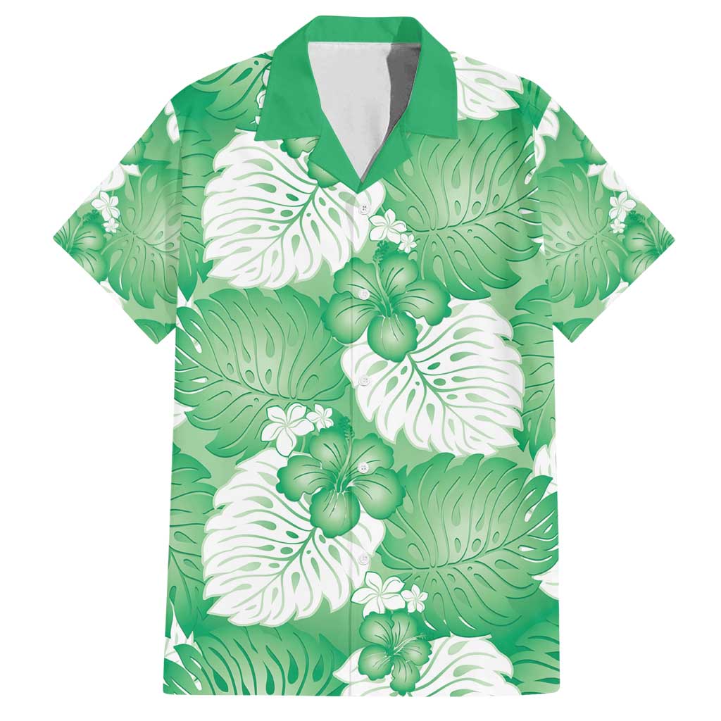 Green Aloha Hawaii Family Matching Off Shoulder Short Dress and Hawaiian Shirt Monstera Hibiscus Plumeria Seamless Vibes LT14 Dad's Shirt - Short Sleeve Green - Polynesian Pride