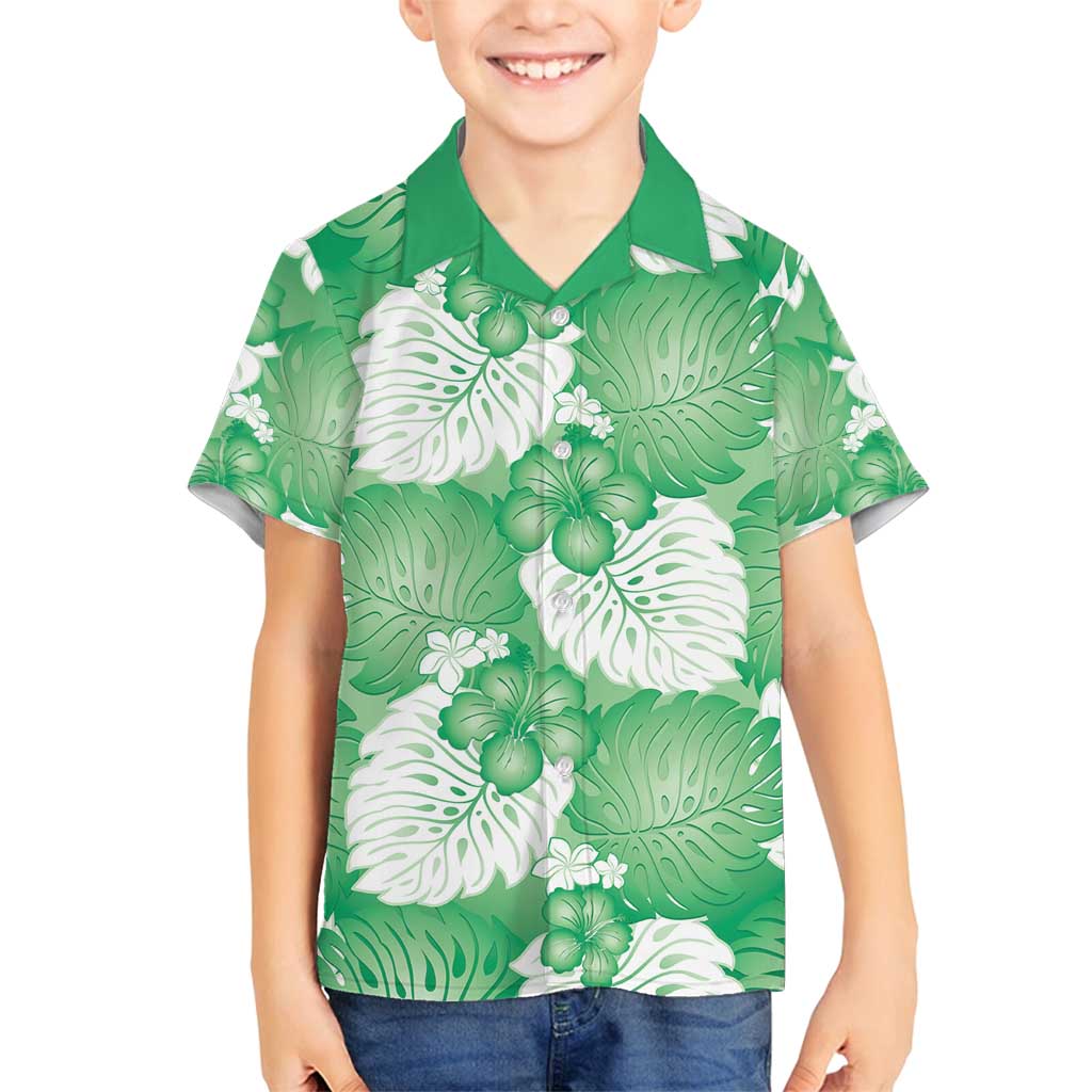 Green Aloha Hawaii Family Matching Off Shoulder Short Dress and Hawaiian Shirt Monstera Hibiscus Plumeria Seamless Vibes LT14 Son's Shirt Green - Polynesian Pride
