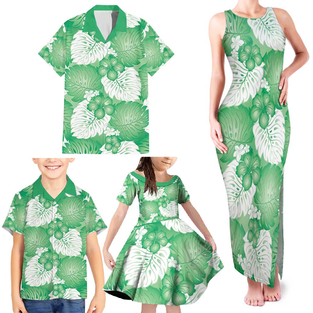 Green Aloha Hawaii Family Matching Tank Maxi Dress and Hawaiian Shirt Monstera Hibiscus Plumeria Seamless Vibes - Polynesian Pride