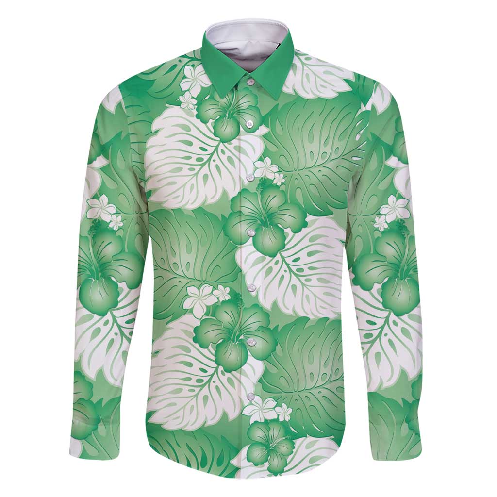 Green Aloha Hawaii Family Matching Tank Maxi Dress and Hawaiian Shirt Monstera Hibiscus Plumeria Seamless Vibes LT14 Dad's Shirt - Long Sleeve Green - Polynesian Pride