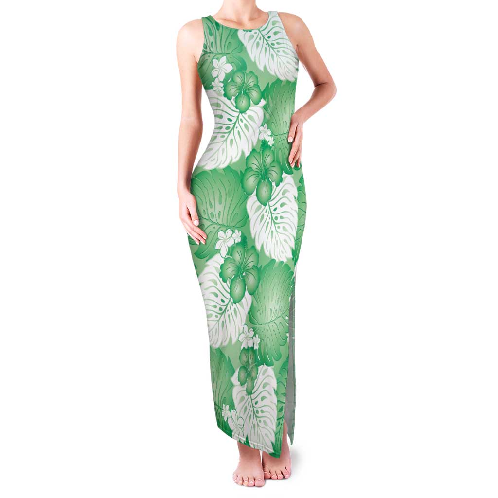 Green Aloha Hawaii Family Matching Tank Maxi Dress and Hawaiian Shirt Monstera Hibiscus Plumeria Seamless Vibes LT14 Mom's Dress Green - Polynesian Pride