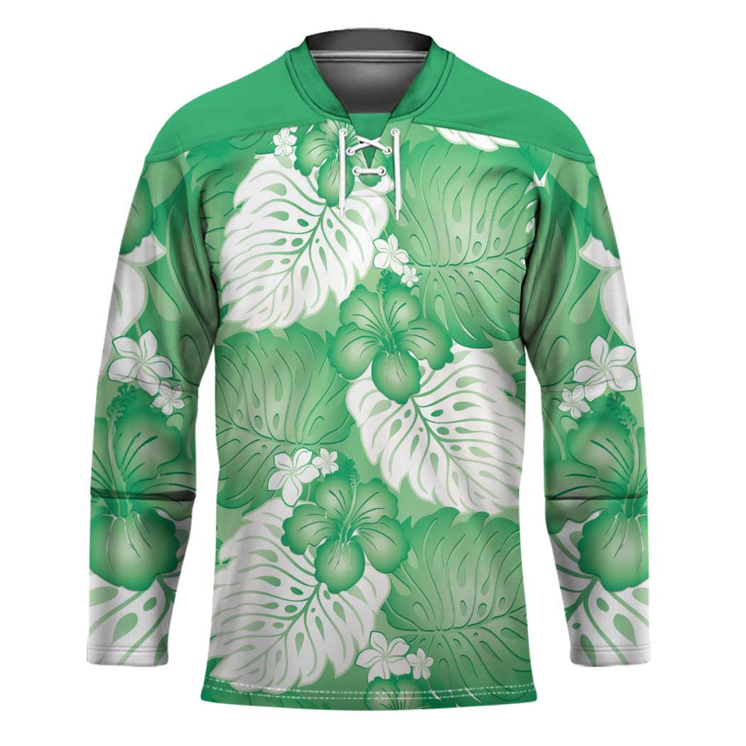 Green Aloha Hawaii Hockey Jersey Monstera Hibiscus Plumeria Seamless Vibes - Polynesian Pride