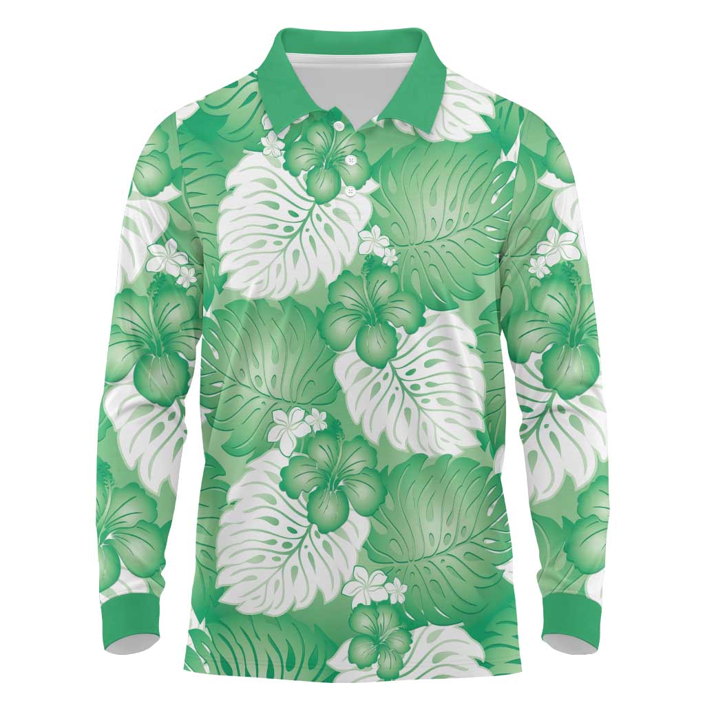 Green Aloha Hawaii Long Sleeve Polo Shirt Monstera Hibiscus Plumeria Seamless Vibes LT14 Green - Polynesian Pride