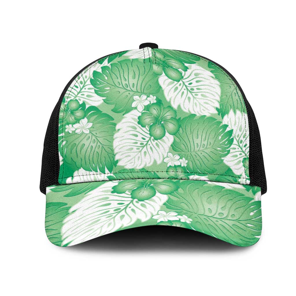 Green Aloha Hawaii Mesh Trucker Cap Monstera Hibiscus Plumeria Seamless Vibes LT14 One Size Black Green - Polynesian Pride