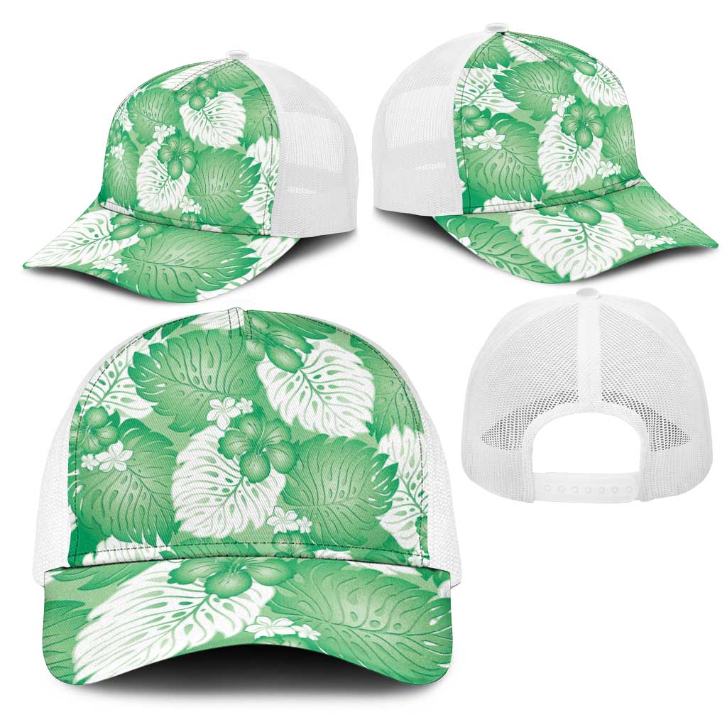 Green Aloha Hawaii Mesh Trucker Cap Monstera Hibiscus Plumeria Seamless Vibes LT14 - Polynesian Pride
