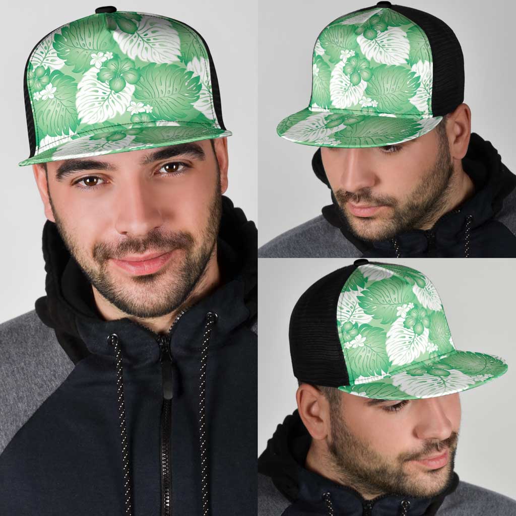 Green Aloha Hawaii Mesh Trucker Cap Monstera Hibiscus Plumeria Seamless Vibes LT14 - Polynesian Pride