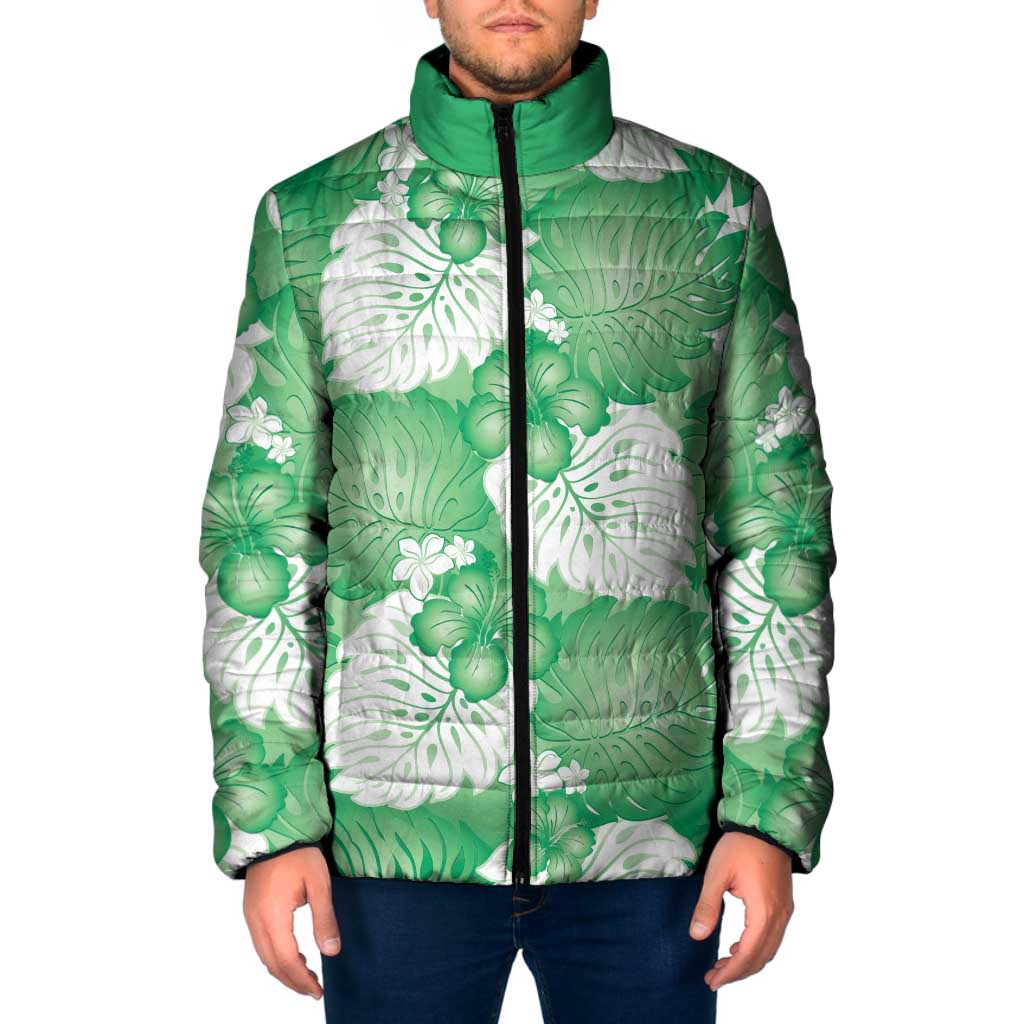 Green Aloha Hawaii Padded Jacket Monstera Hibiscus Plumeria Seamless Vibes - Polynesian Pride