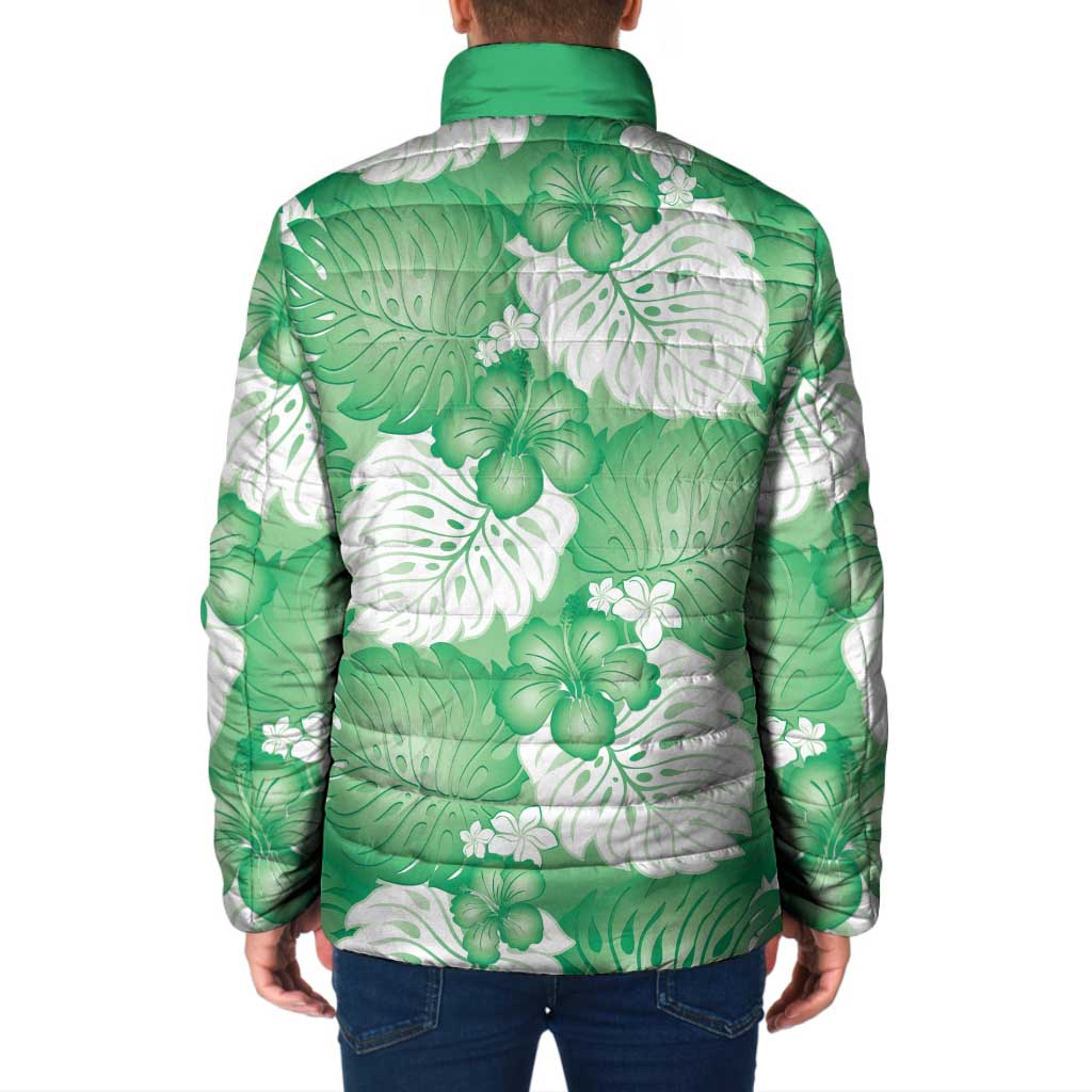 Green Aloha Hawaii Padded Jacket Monstera Hibiscus Plumeria Seamless Vibes - Polynesian Pride