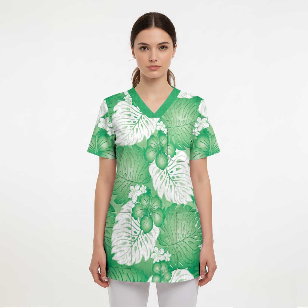 Green Aloha Hawaii Scrub Top Monstera Hibiscus Plumeria Seamless Vibes - Polynesian Pride