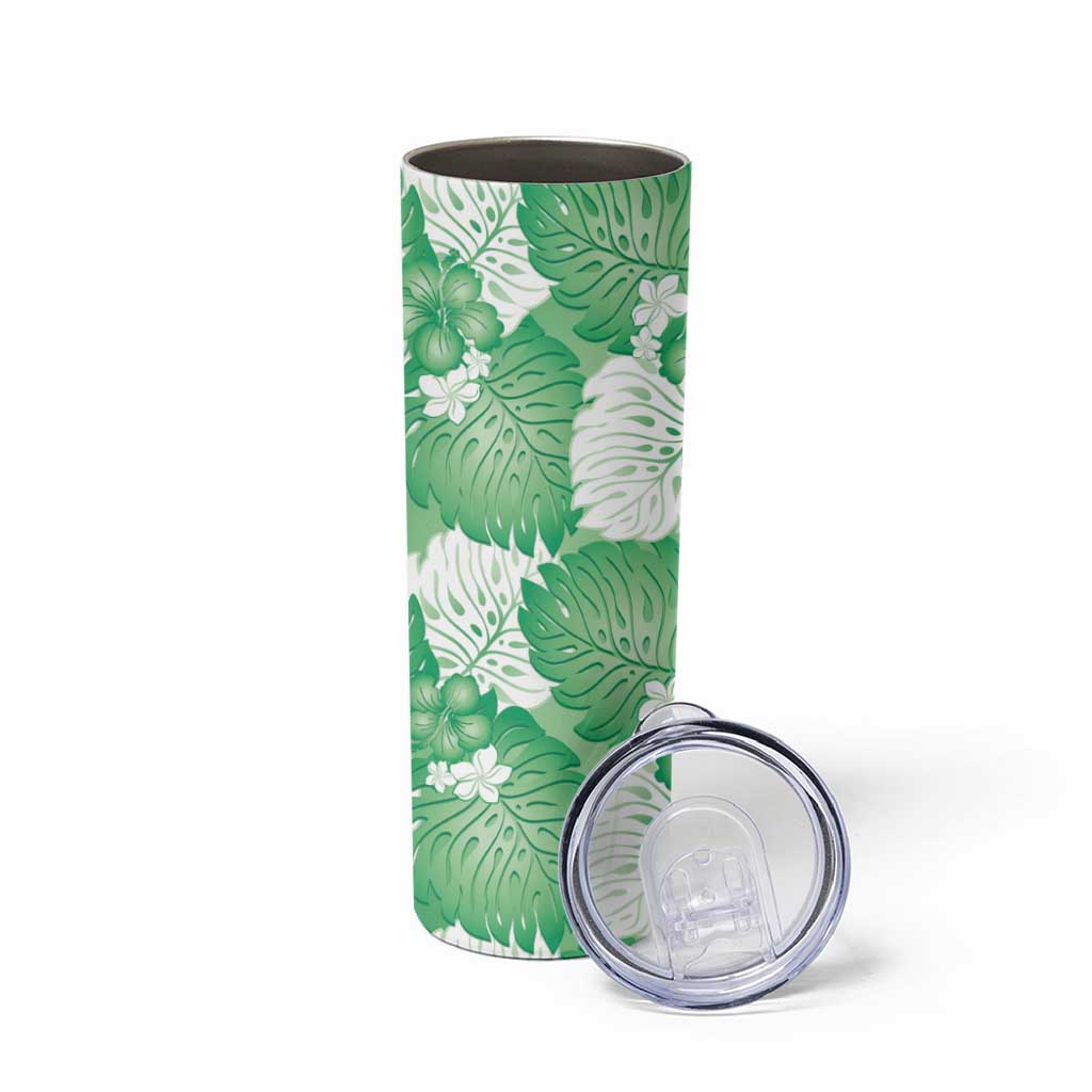 Green Aloha Hawaii Skinny Tumbler Monstera Hibiscus Plumeria Seamless Vibes - Polynesian Pride