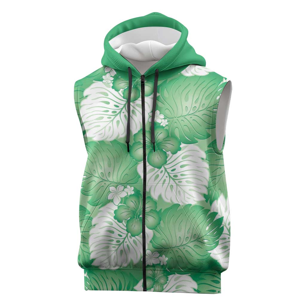 Green Aloha Hawaii Sleeveless Zip Hoodie Monstera Hibiscus Plumeria Seamless Vibes - Polynesian Pride