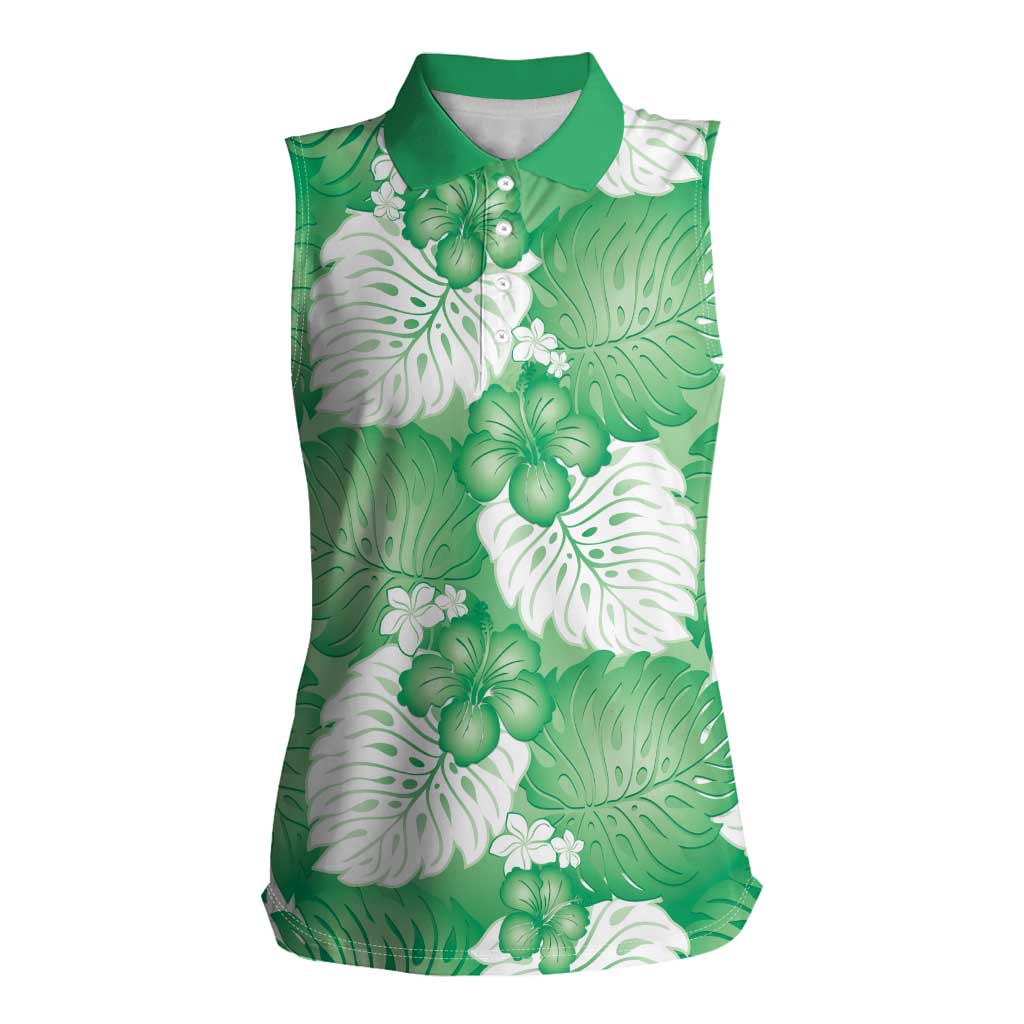 Green Aloha Hawaii Women Sleeveless Polo Shirt Monstera Hibiscus Plumeria Seamless Vibes - Polynesian Pride