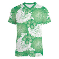 Green Aloha Hawaii Women V-Neck T-Shirt Monstera Hibiscus Plumeria Seamless Vibes - Polynesian Pride