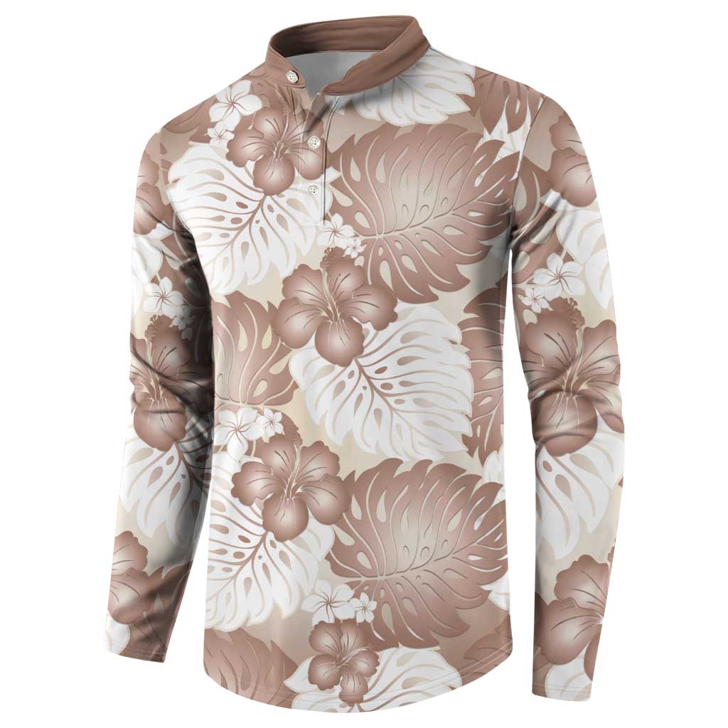 Mocha Mousse Aloha Hawaii Button Sweatshirt Monstera Hibiscus Plumeria Seamless Vibes - Polynesian Pride