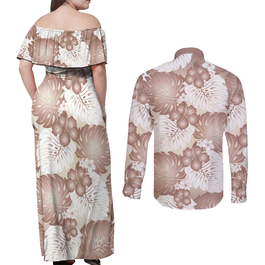 Mocha Mousse Aloha Hawaii Couples Matching Off Shoulder Maxi Dress and Long Sleeve Button Shirt Monstera Hibiscus Plumeria Seamless Vibes - Polynesian Pride