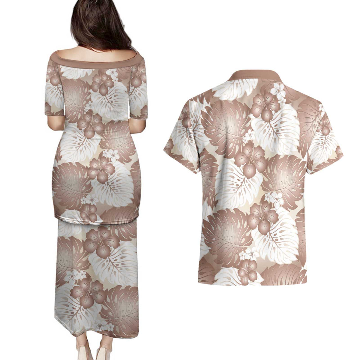 Mocha Mousse Aloha Hawaii Couples Matching Puletasi and Hawaiian Shirt Monstera Hibiscus Plumeria Seamless Vibes - Polynesian Pride