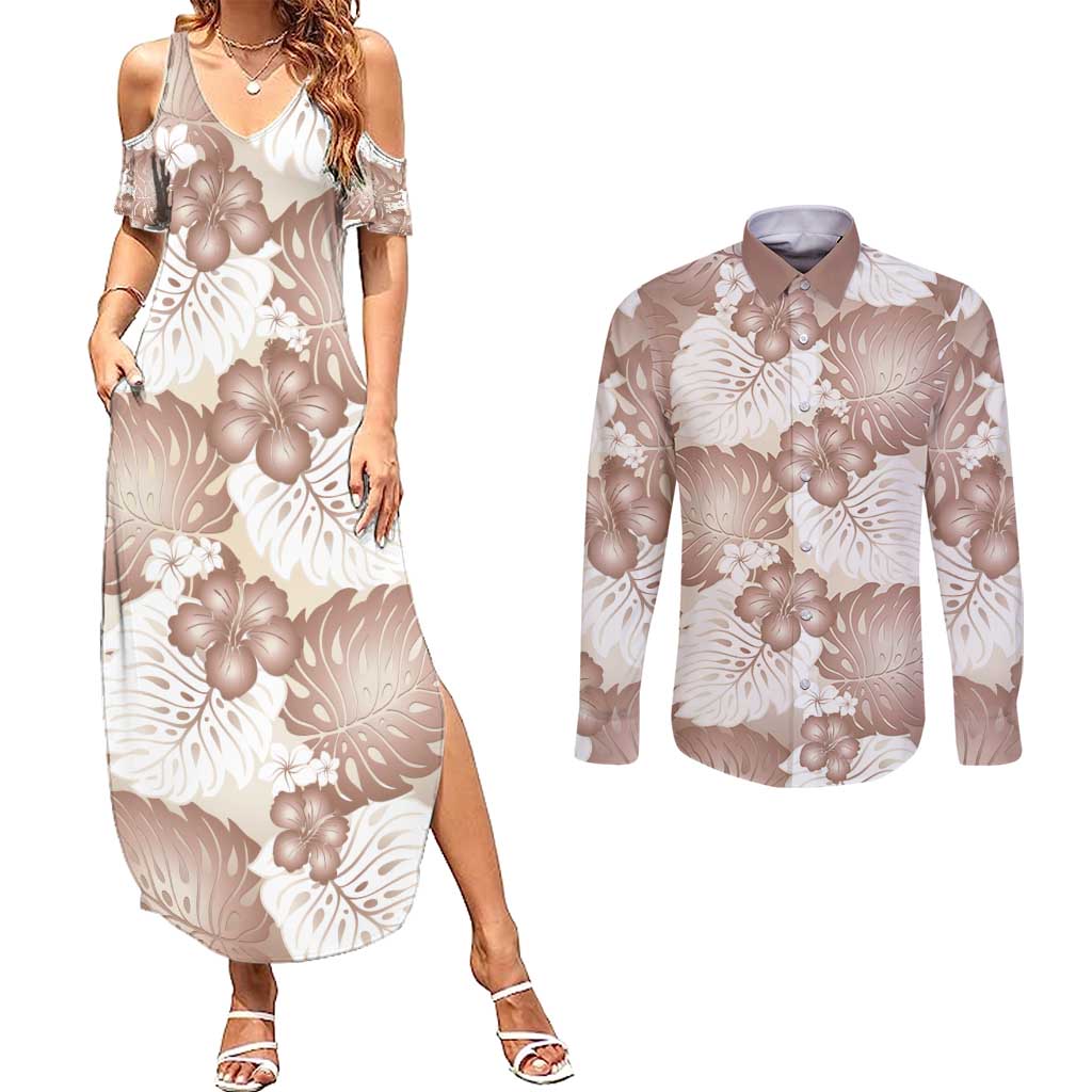 Mocha Mousse Aloha Hawaii Couples Matching Summer Maxi Dress and Long Sleeve Button Shirt Monstera Hibiscus Plumeria Seamless Vibes - Polynesian Pride