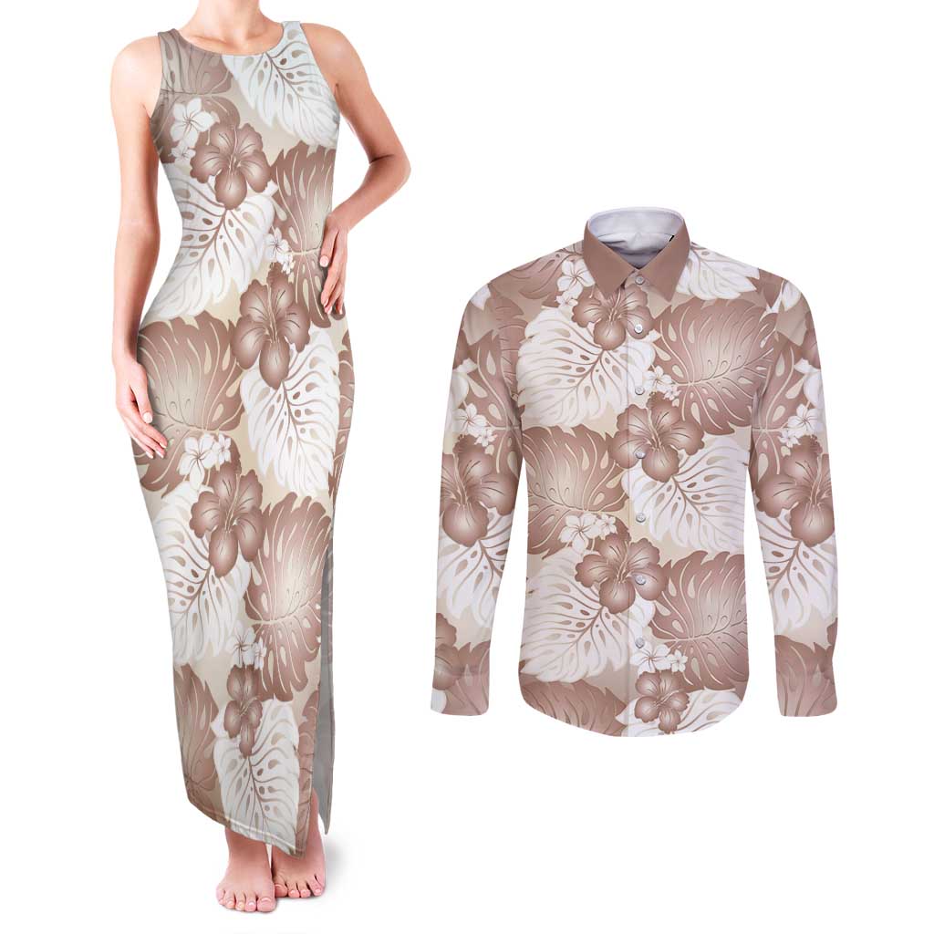 Mocha Mousse Aloha Hawaii Couples Matching Tank Maxi Dress and Long Sleeve Button Shirt Monstera Hibiscus Plumeria Seamless Vibes - Polynesian Pride