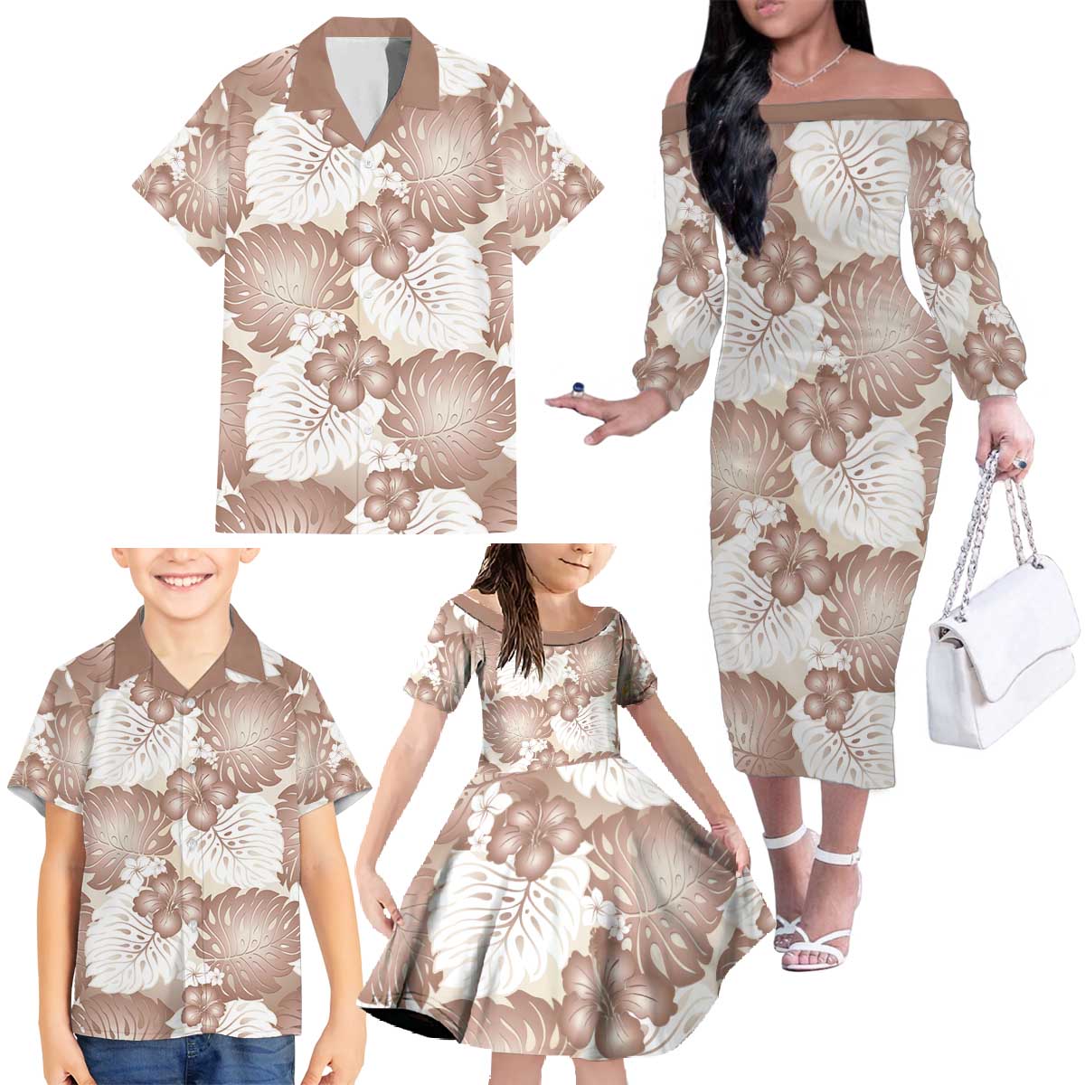 Mocha Mousse Aloha Hawaii Family Matching Off The Shoulder Long Sleeve Dress and Hawaiian Shirt Monstera Hibiscus Plumeria Seamless Vibes - Polynesian Pride