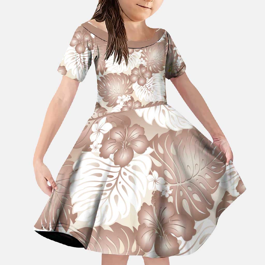 Mocha Mousse Aloha Hawaii Family Matching Off Shoulder Maxi Dress and Hawaiian Shirt Monstera Hibiscus Plumeria Seamless Vibes LT14 Daughter's Dress Mocha Mousse - Polynesian Pride