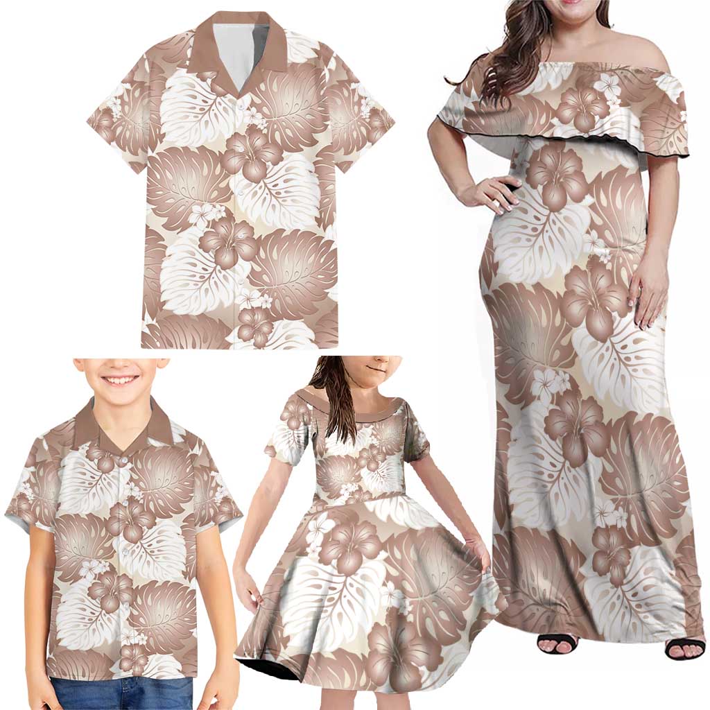 Mocha Mousse Aloha Hawaii Family Matching Off Shoulder Maxi Dress and Hawaiian Shirt Monstera Hibiscus Plumeria Seamless Vibes - Polynesian Pride