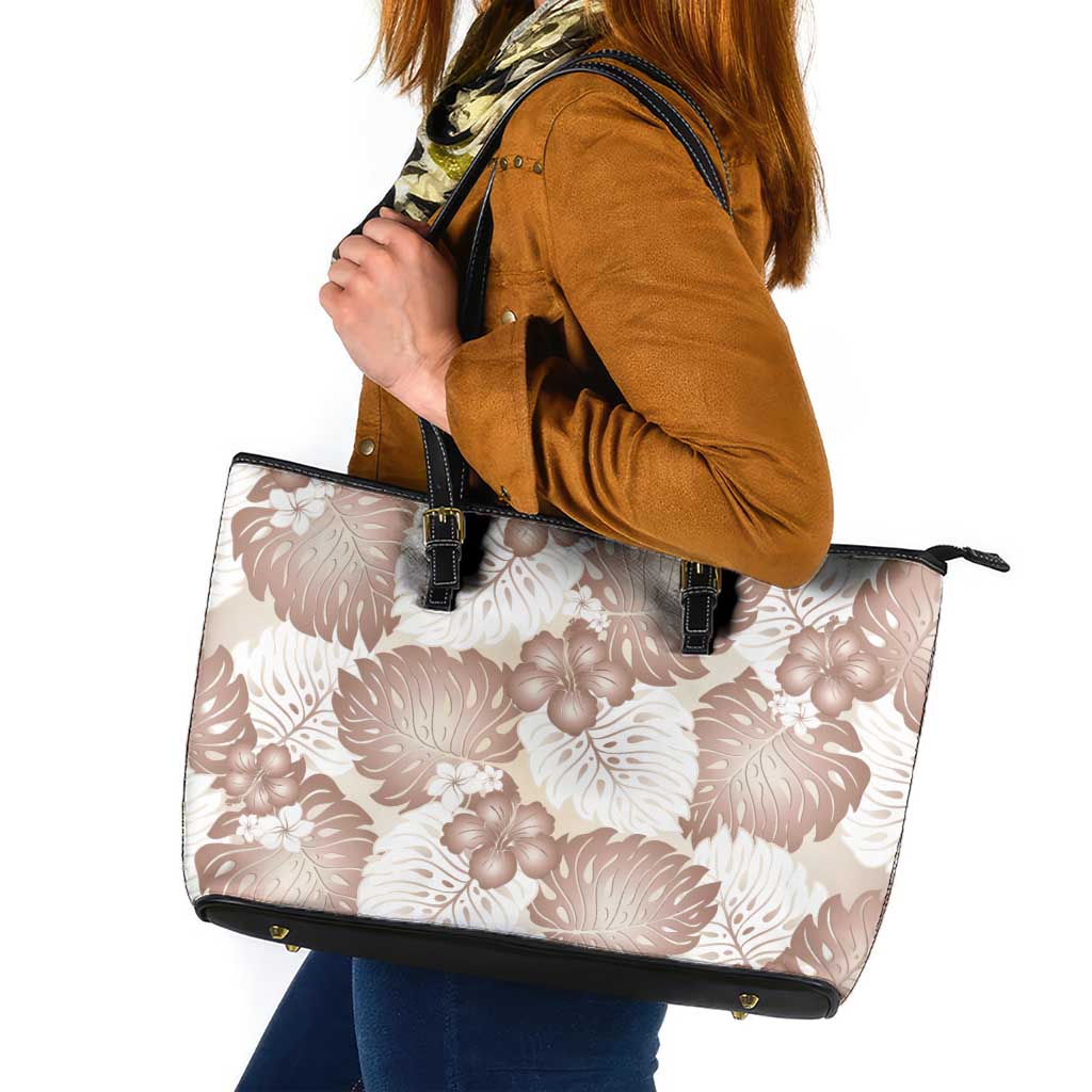Mocha Mousse Aloha Hawaii Leather Tote Bag Monstera Hibiscus Plumeria Seamless Vibes - Polynesian Pride