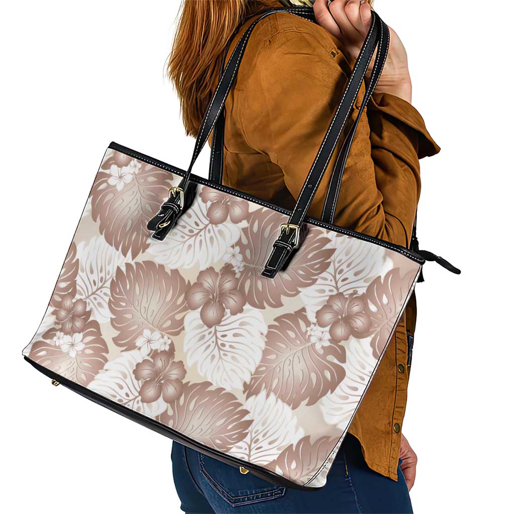 Mocha Mousse Aloha Hawaii Leather Tote Bag Monstera Hibiscus Plumeria Seamless Vibes LT14 - Polynesian Pride