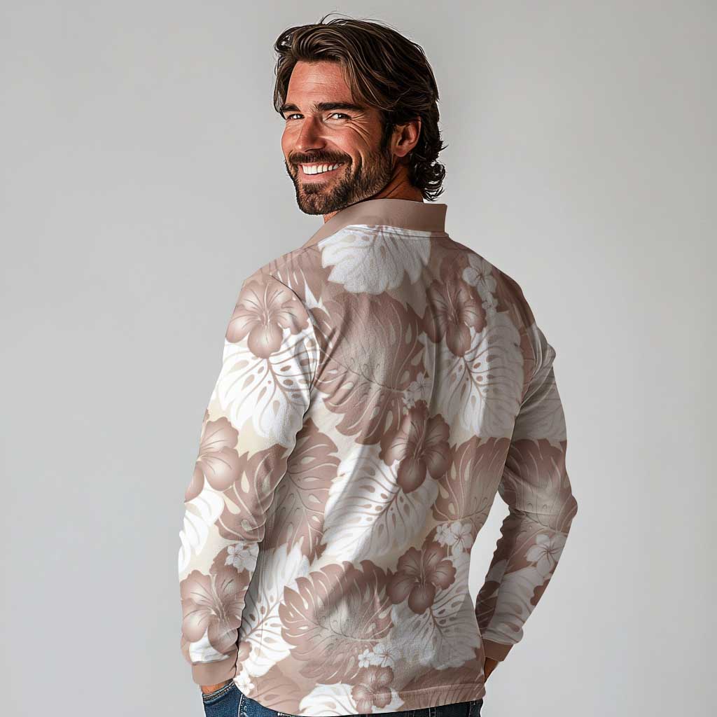 Mocha Mousse Aloha Hawaii Long Sleeve Polo Shirt Monstera Hibiscus Plumeria Seamless Vibes - Polynesian Pride