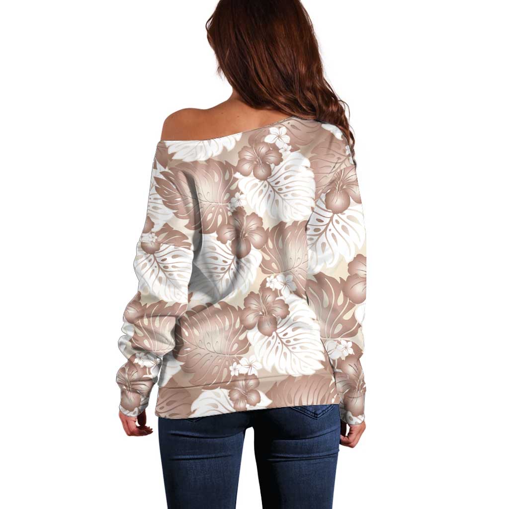 Mocha Mousse Aloha Hawaii Off Shoulder Sweater Monstera Hibiscus Plumeria Seamless Vibes - Polynesian Pride