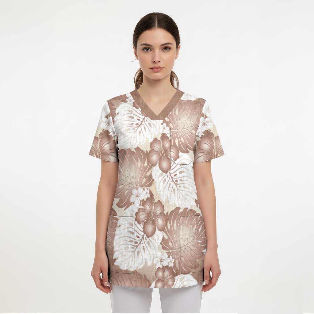 Mocha Mousse Aloha Hawaii Scrub Top Monstera Hibiscus Plumeria Seamless Vibes - Polynesian Pride